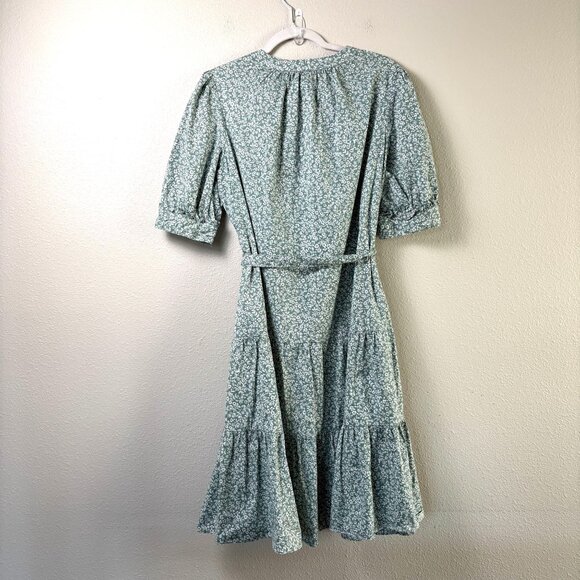 Draper James Midi Dress Womens L Green White Floral Pockets Belt Ruffle Cottage - Picture 4 of 13